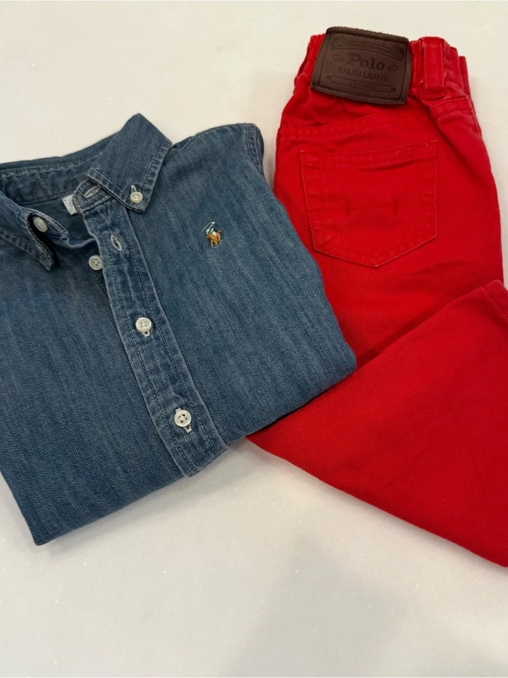 Ralph Lauren Unisex Kids 2 PCS Set Denim Shirt Red Jeans Sz 18 Mo. EUC
